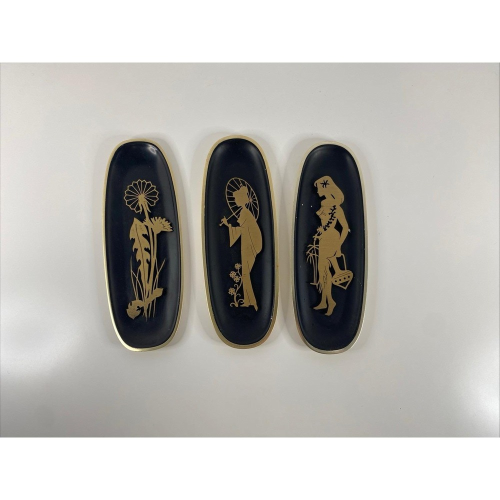 Vintage EK Handarbeit Brass Lacquer Raised Sculpture Wall Art 8.5"-set of 3